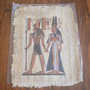 Papyrus Painting featuring Egyptian God Horus leading Queen Nefertari 13X18"